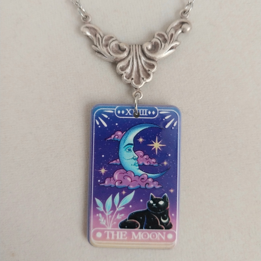 Goth Witch The Moon Tarot Card Filigree Handmade Necklace